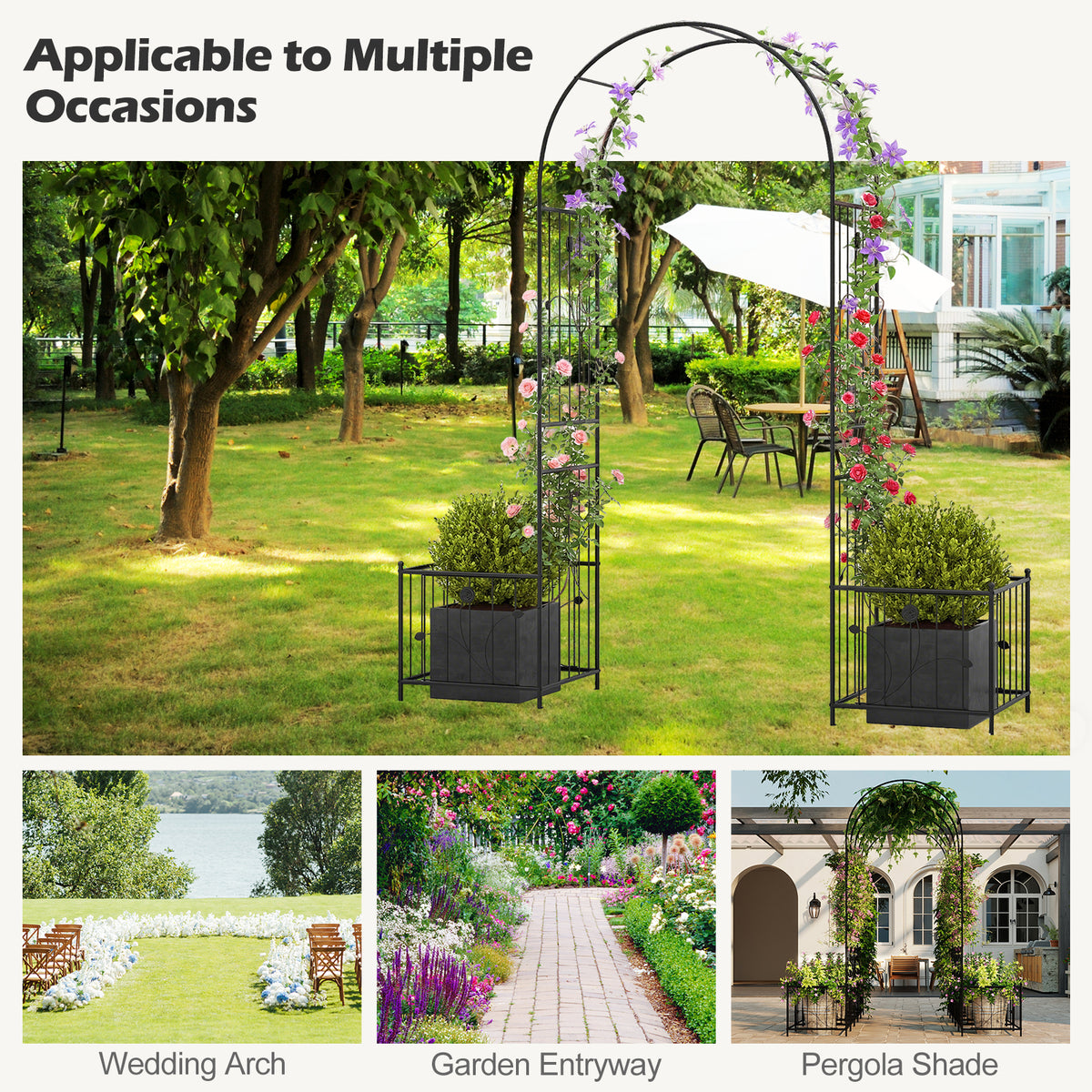 Metal Garden Arbor with Planter Boxes Arch Trellis with Ground Stakes for Climbing Plants