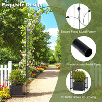 Metal Garden Arbor with Planter Boxes Arch Trellis with Ground Stakes for Climbing Plants