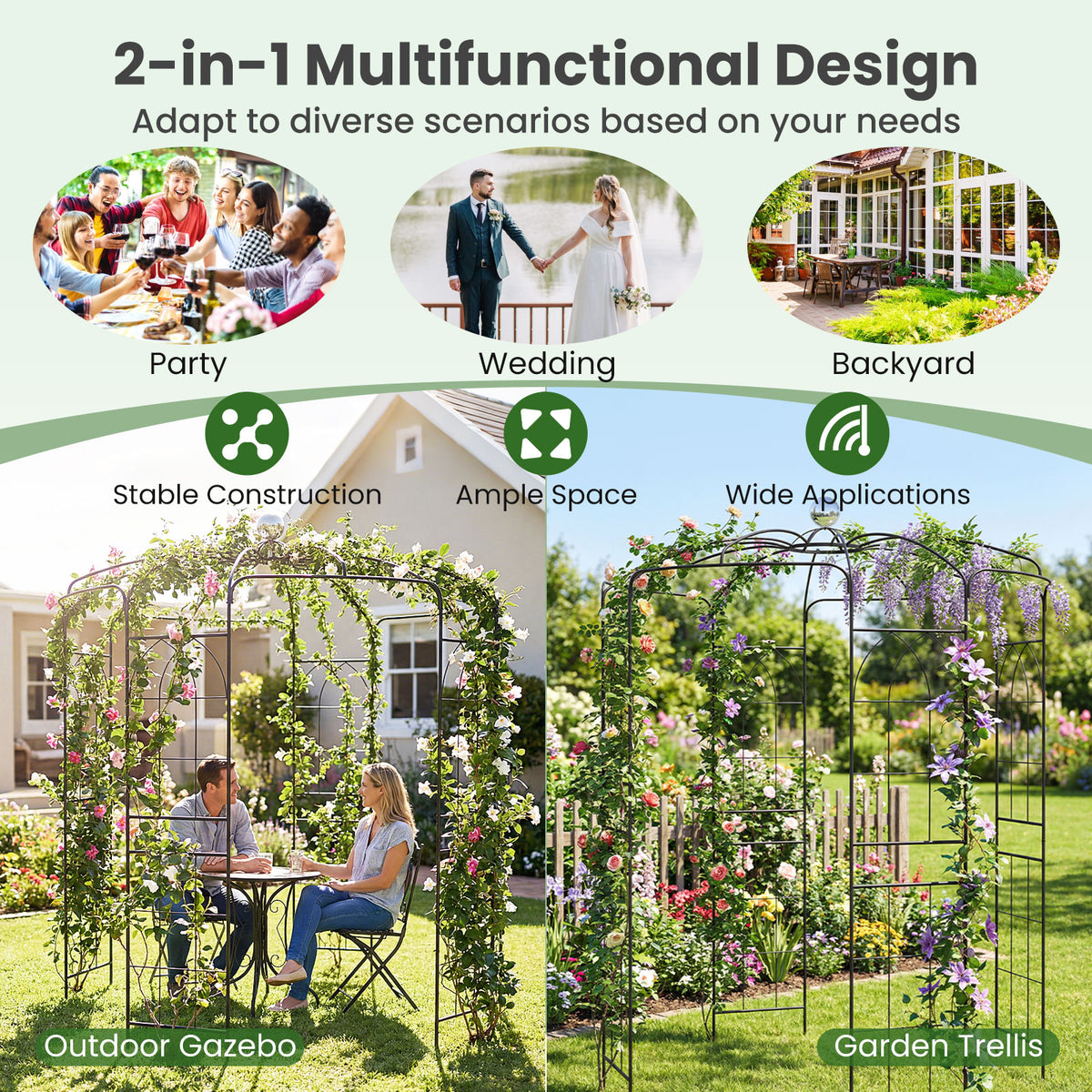 Birdcage Shape Arch,286 cm High x 206cm Wide, Heavy-Duty Wrought Metal Arbor for Climbing Plants