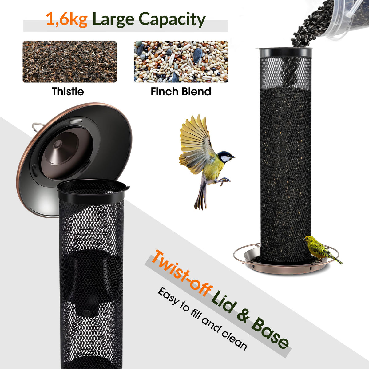 Metal Mesh Tube Bird Feeder with Squirrel Proof and 1.6KG Capacity