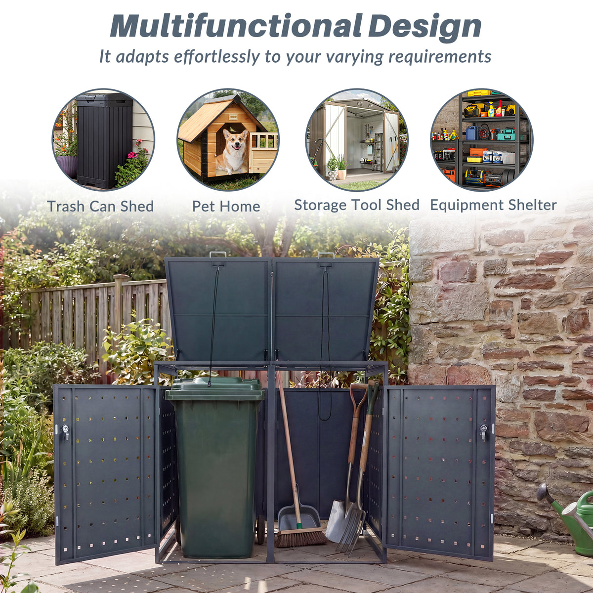 Outdoor Metal Garbage Bin Storage Shed for 2 Trash Cans with Lockable Doors