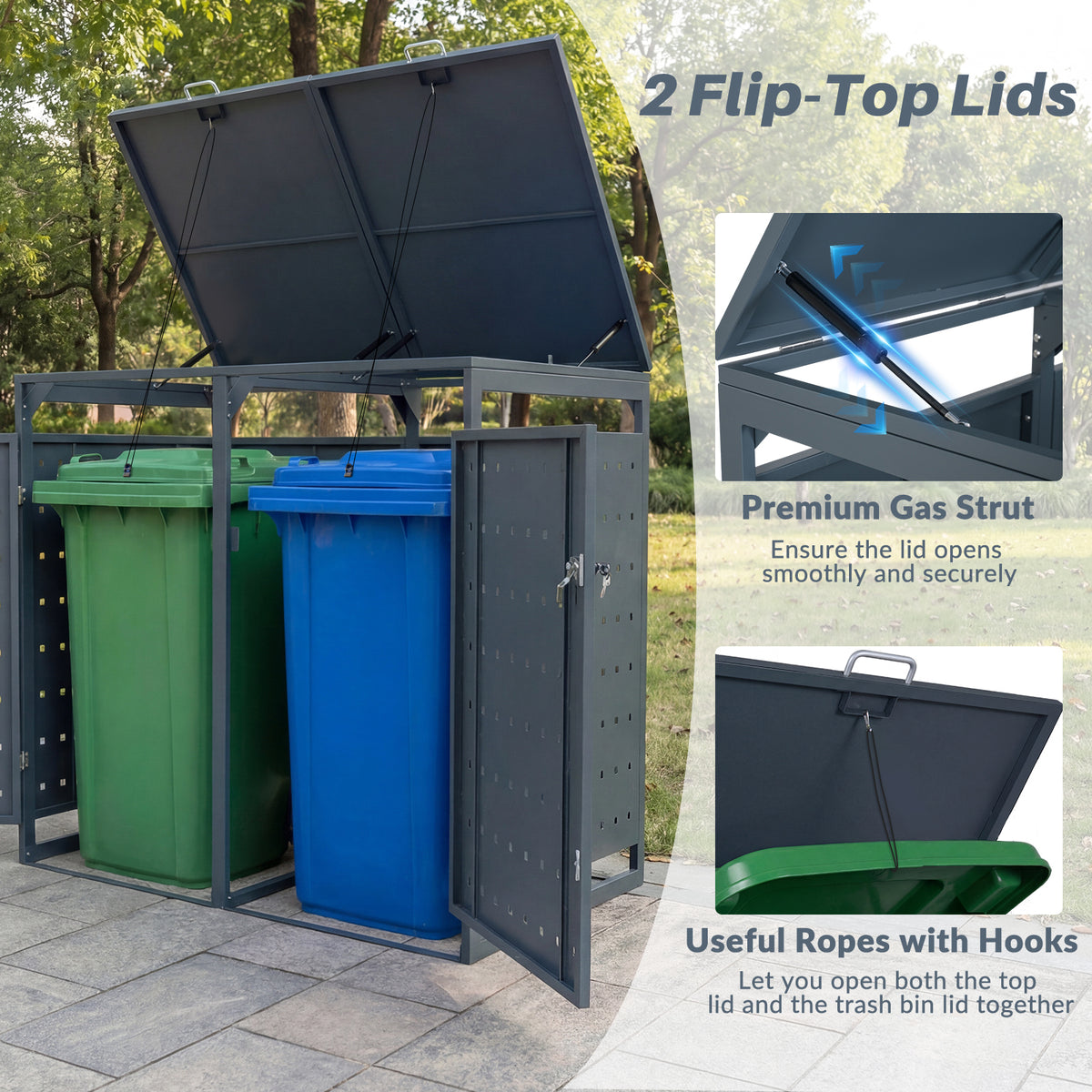 Outdoor Metal Garbage Bin Storage Shed for 2 Trash Cans with Lockable Doors