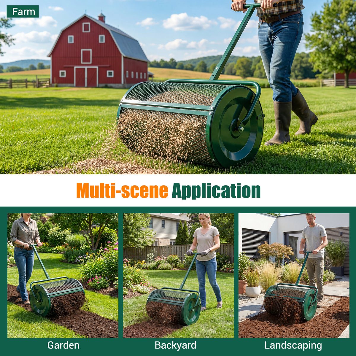 61cm Peat Moss Spreader Roller with Height-adjustable T-shape Handle for Seeding Planting