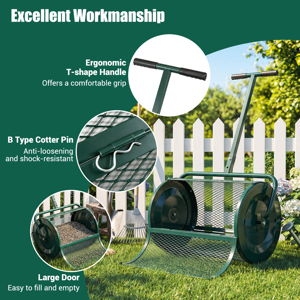 61cm Peat Moss Spreader Roller with Height-adjustable T-shape Handle for Seeding Planting