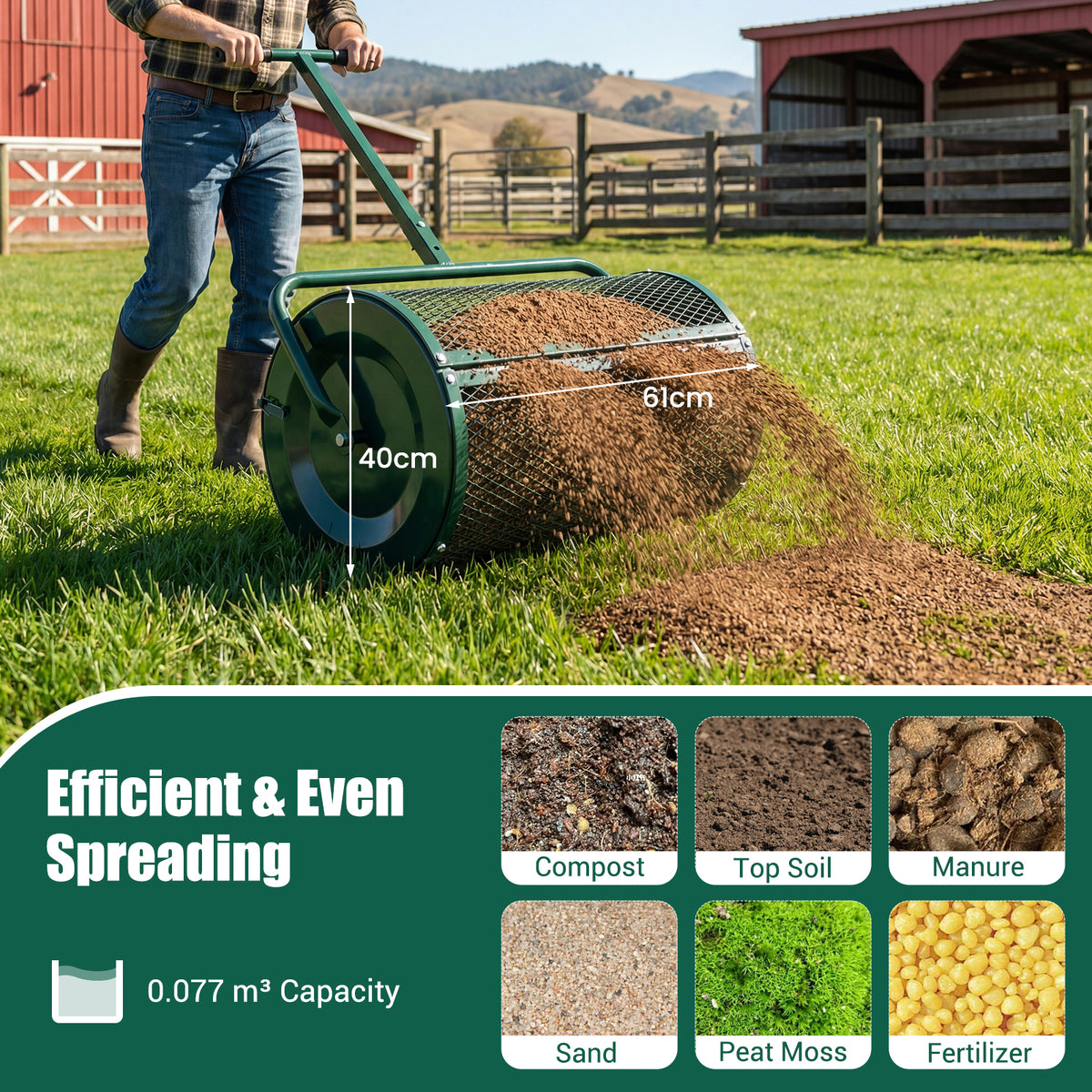 61cm Peat Moss Spreader Roller with Height-adjustable T-shape Handle for Seeding Planting