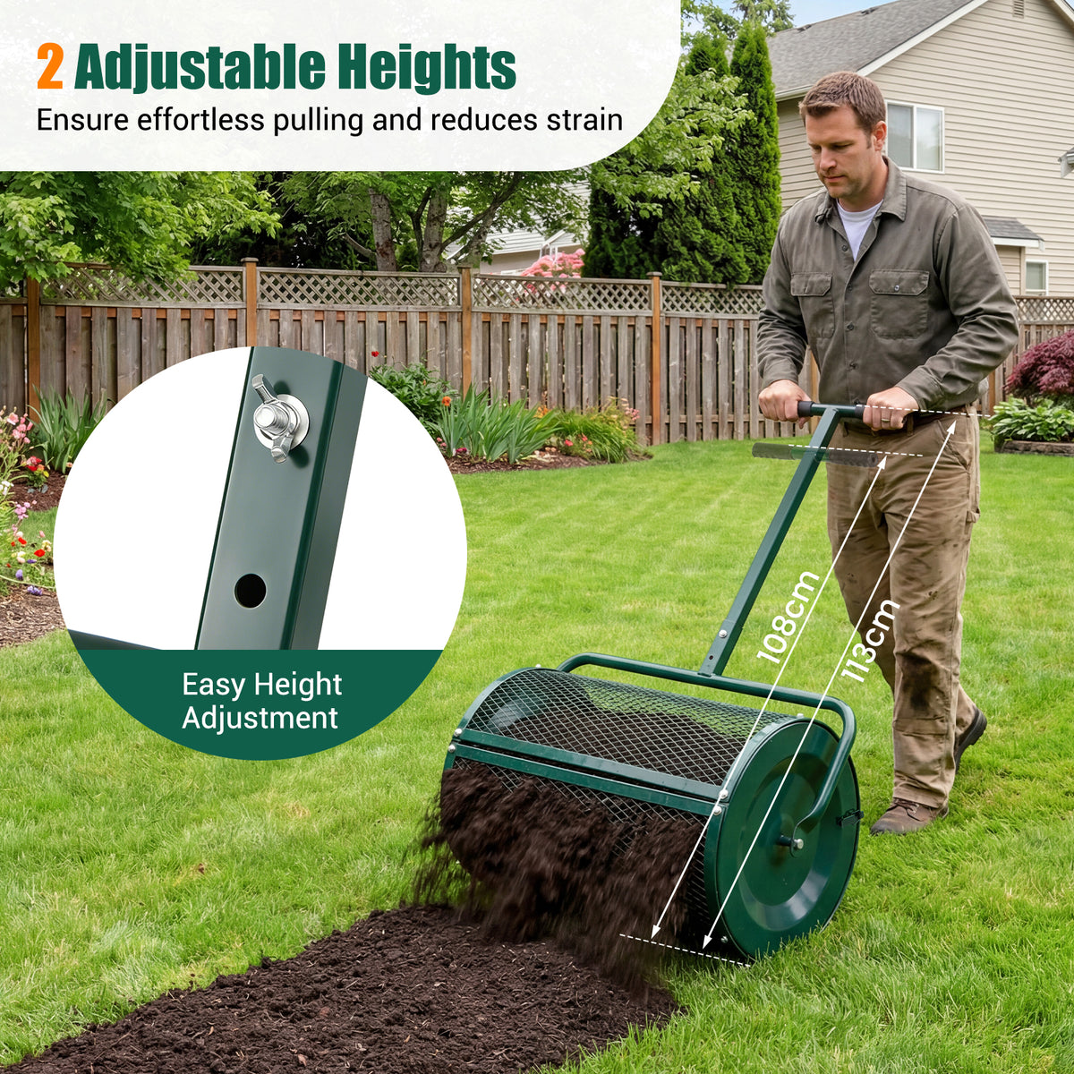 61cm Peat Moss Spreader Roller with Height-adjustable T-shape Handle for Seeding Planting