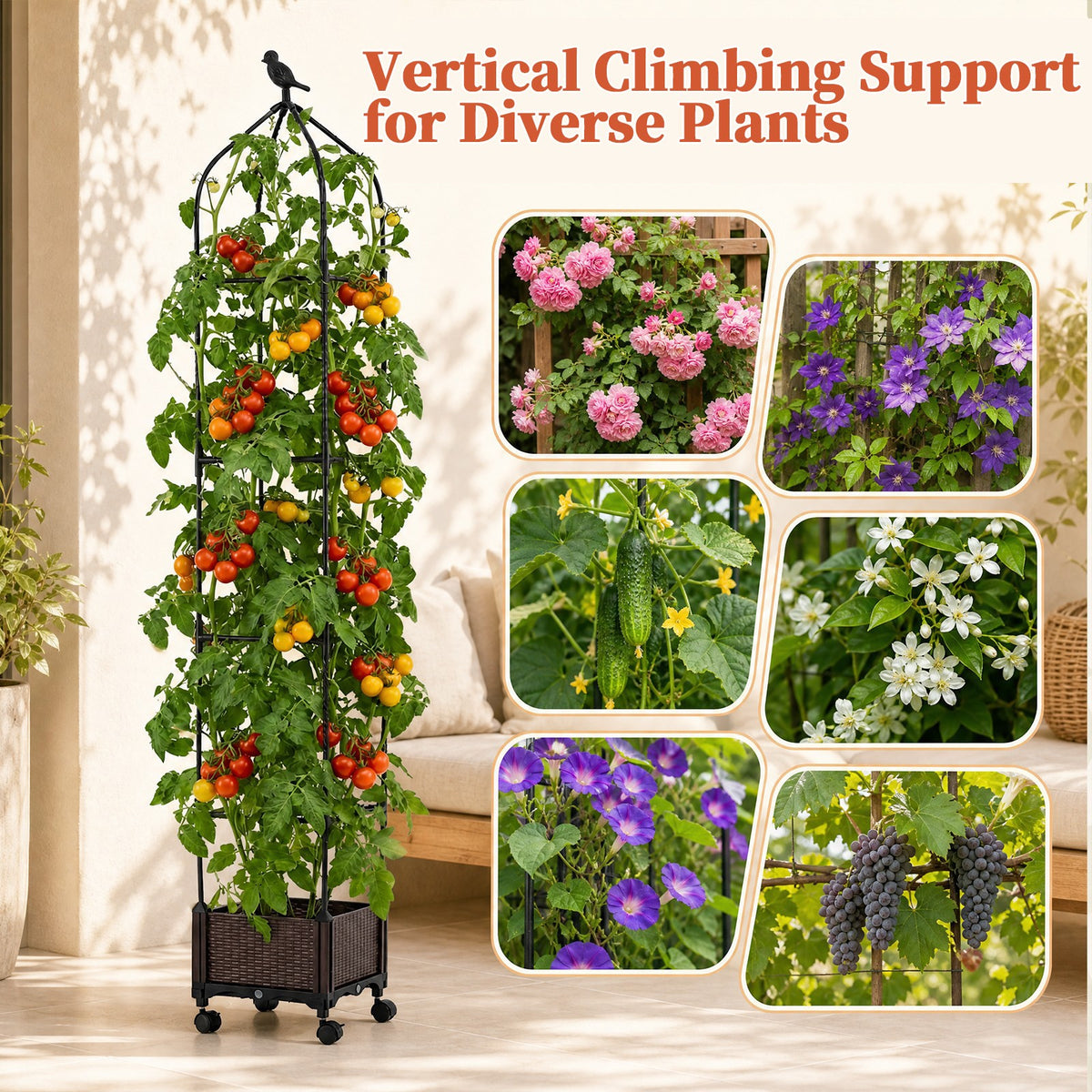 Raised Garden Bed with Trellis, Tomato Cage Planter Box with Self-Drainage & Wheels for Climbing Vines
