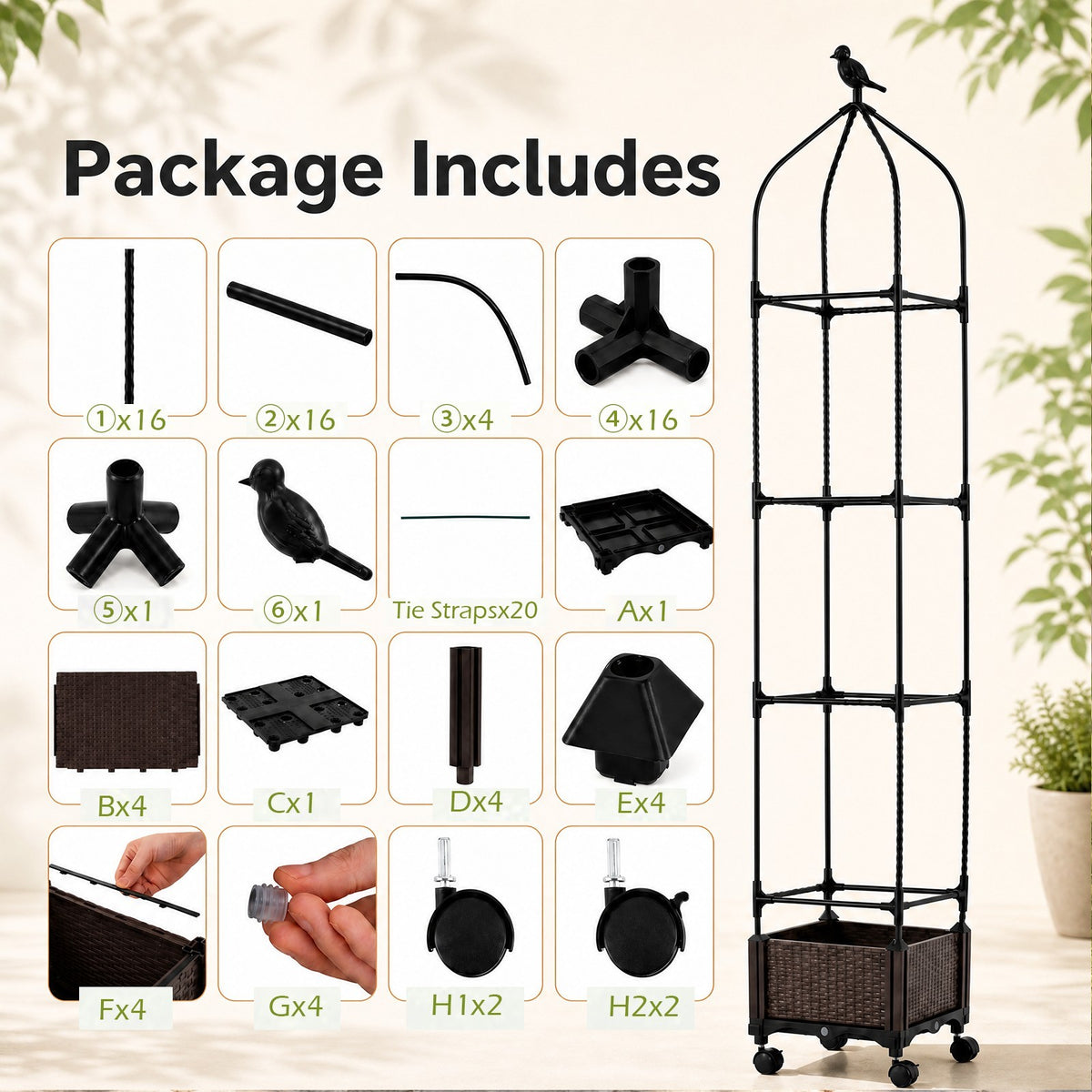 Raised Garden Bed with Trellis, Tomato Cage Planter Box with Self-Drainage & Wheels for Climbing Vines