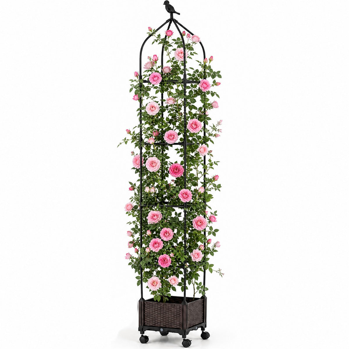 Raised Garden Bed with Trellis, Tomato Cage Planter Box with Self-Drainage & Wheels for Climbing Vines