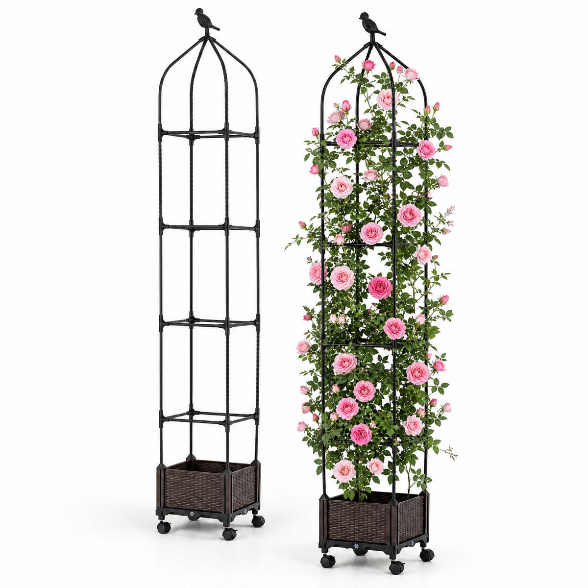 Raised Garden Bed with Trellis, Tomato Cage Planter Box with Self-Drainage & Wheels for Climbing Vines