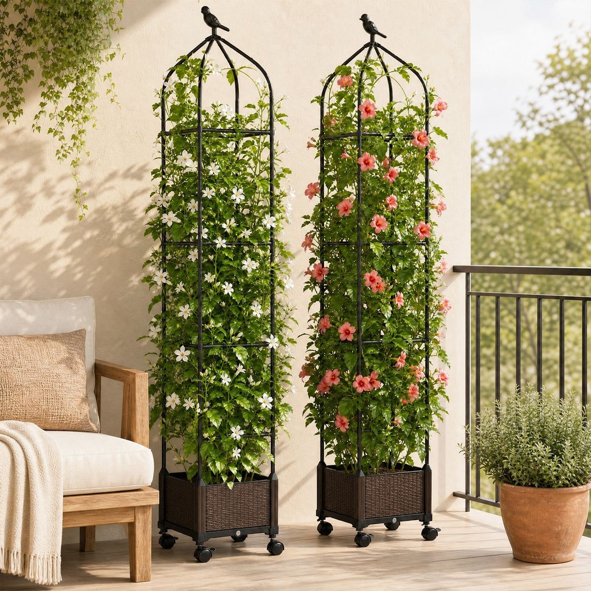 Raised Garden Bed with Trellis, Tomato Cage Planter Box with Self-Drainage & Wheels for Climbing Vines