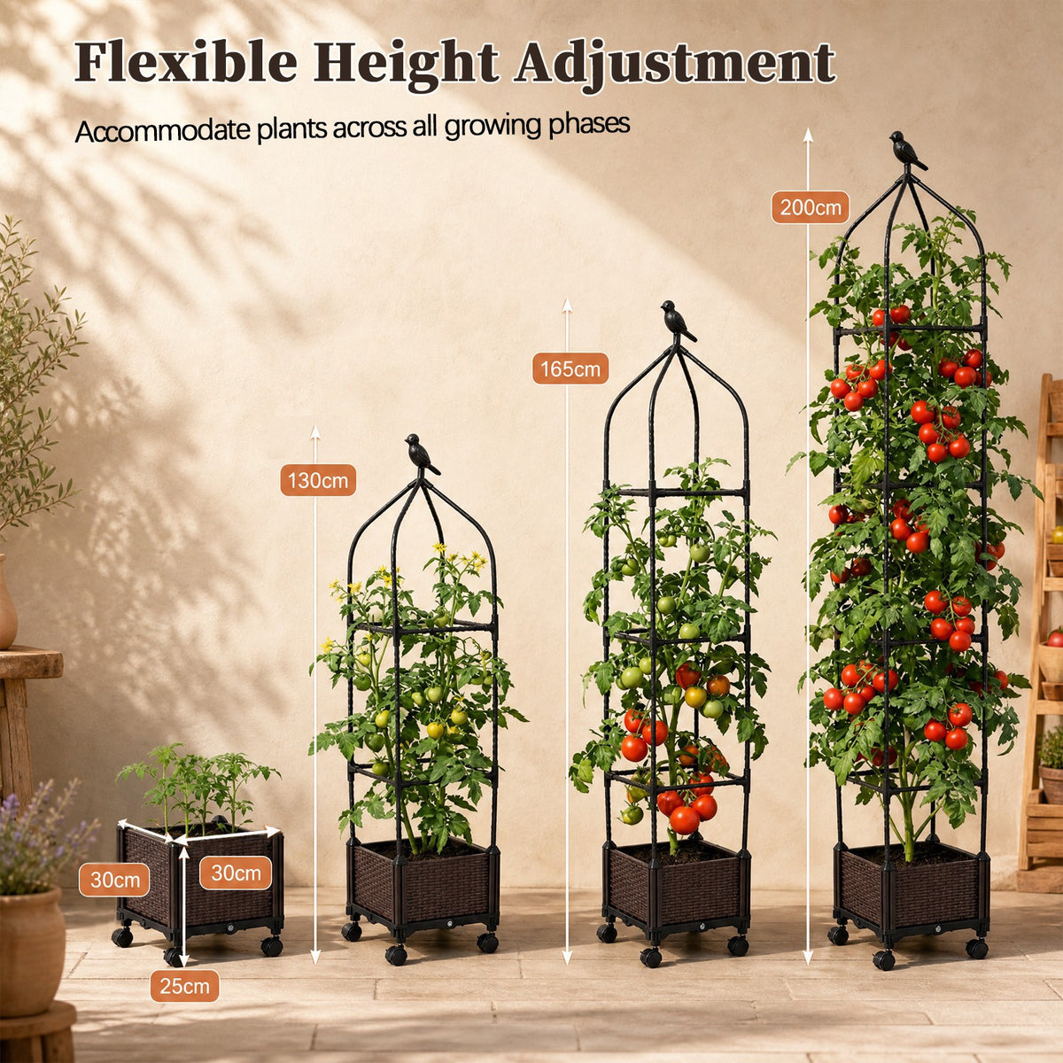 Raised Garden Bed with Trellis, Tomato Cage Planter Box with Self-Drainage & Wheels for Climbing Vines