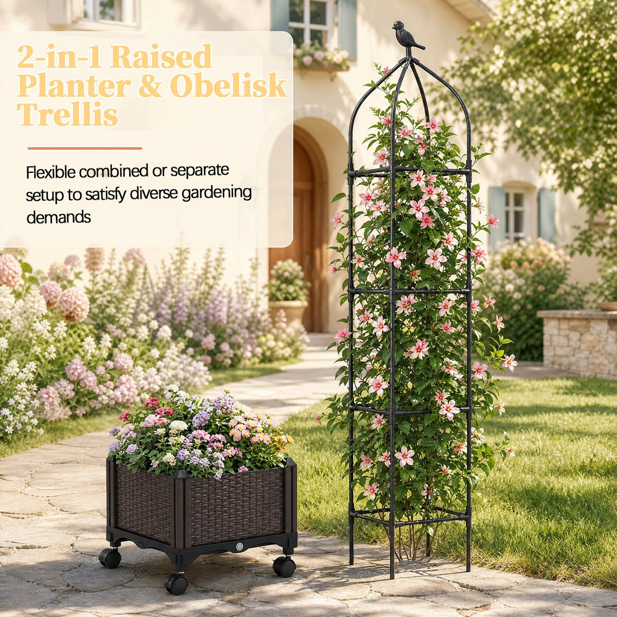 Raised Garden Bed with Trellis, Tomato Cage Planter Box with Self-Drainage & Wheels for Climbing Vines