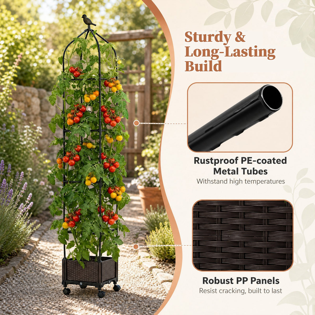 Raised Garden Bed with Trellis, Tomato Cage Planter Box with Self-Drainage & Wheels for Climbing Vines