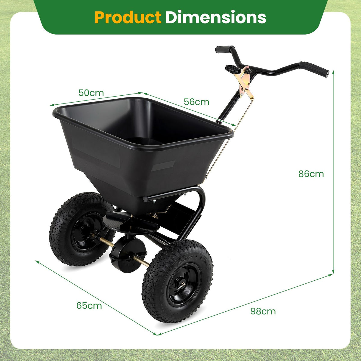 30kg Walk-Behind Broadcast Spreader with 32.5cm All-Terrain Pneumatic Tires