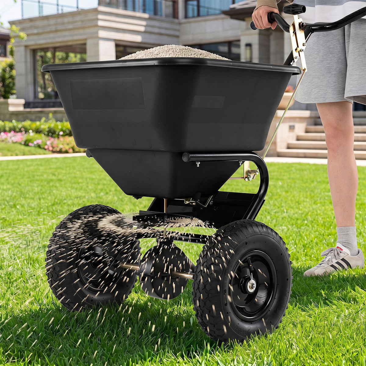 30kg Walk-Behind Broadcast Spreader with 32.5cm All-Terrain Pneumatic Tires