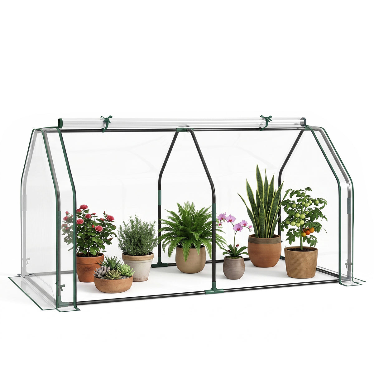 Portable Mini Greenhouse with Roll-up Zipper Door and Metal Frame