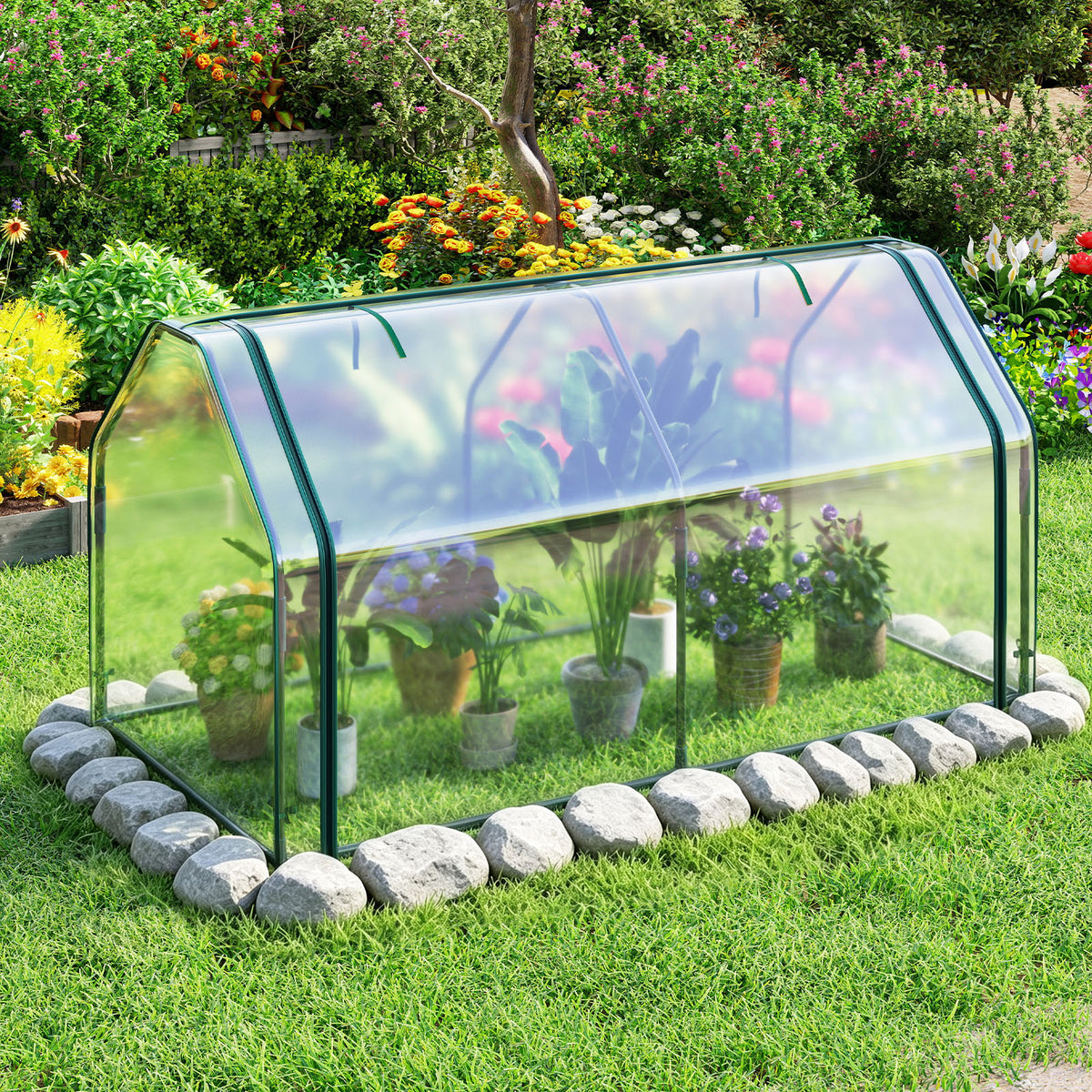 Portable Mini Greenhouse with Roll-up Zipper Door and Metal Frame
