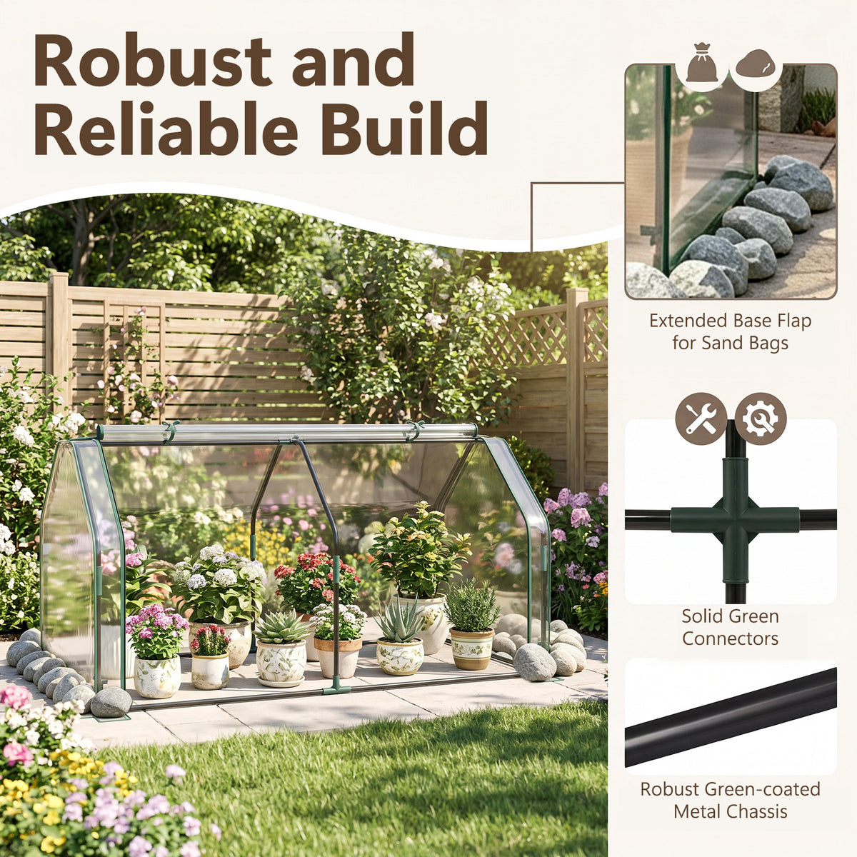 Portable Mini Greenhouse with Roll-up Zipper Door and Metal Frame