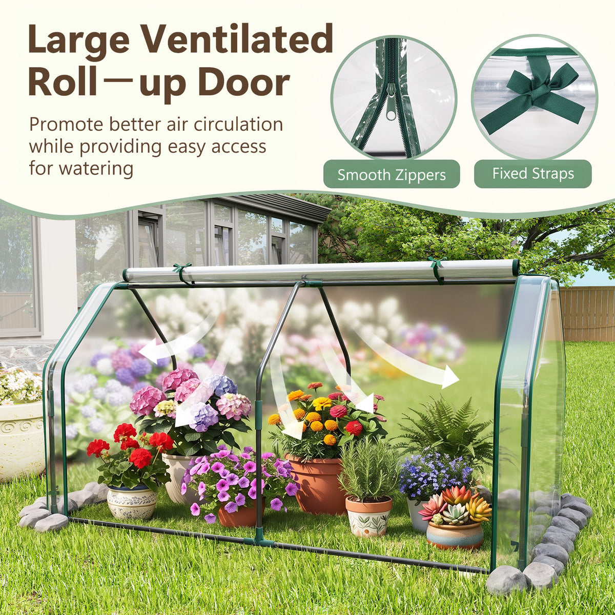 Portable Mini Greenhouse with Roll-up Zipper Door and Metal Frame