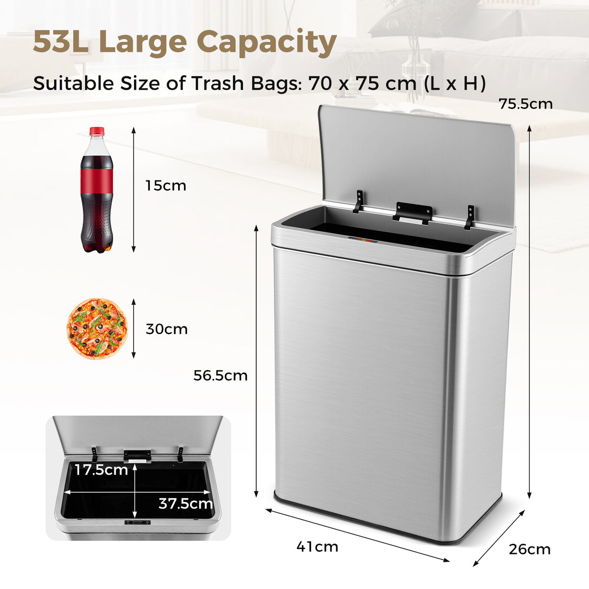 53L Automatic Trash Can with Lid, Motion Sensor Garbage Can