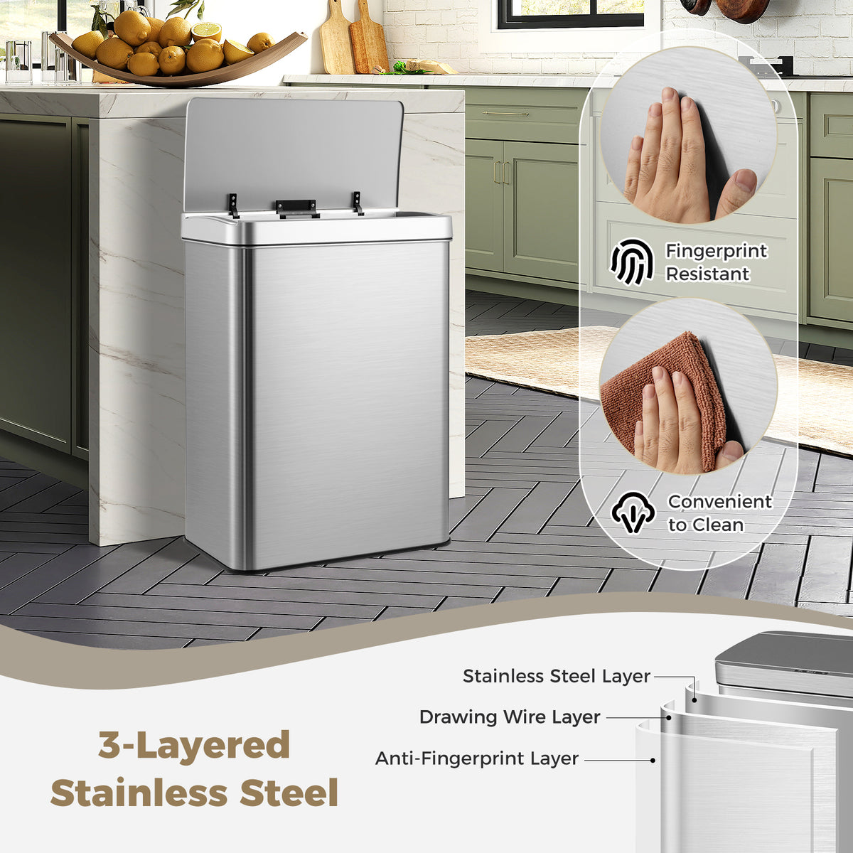 53L Automatic Trash Can with Lid, Motion Sensor Garbage Can