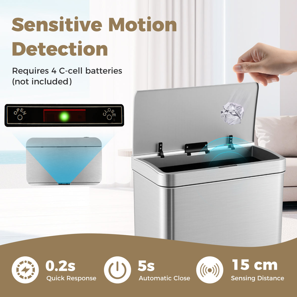 60L Automatic Trash Can with Lid, Motion Sensor Garbage Can with Stay Open & Soft Close Function