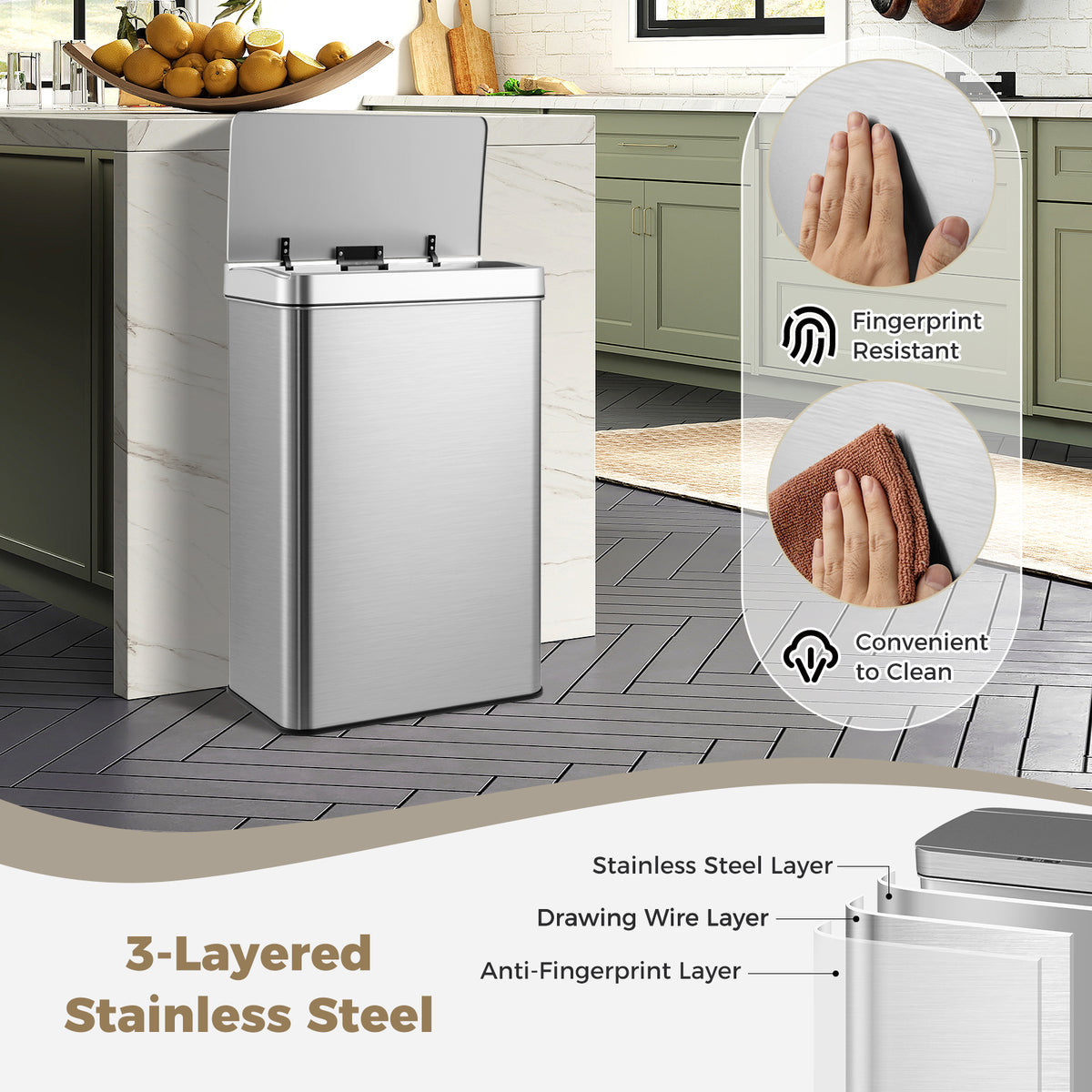 60L Automatic Trash Can with Lid, Motion Sensor Garbage Can with Stay Open & Soft Close Function