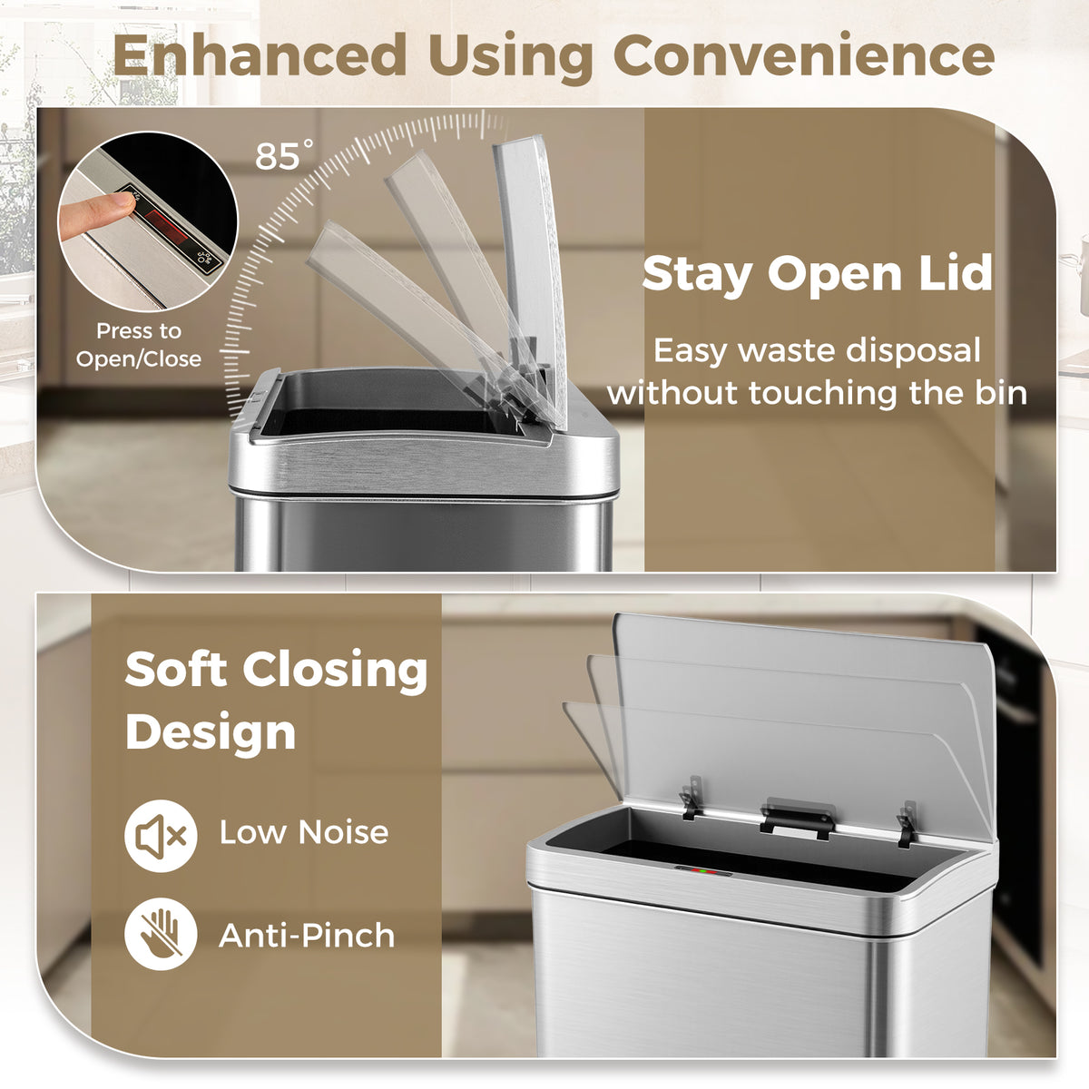 60L Automatic Trash Can with Lid, Motion Sensor Garbage Can with Stay Open & Soft Close Function