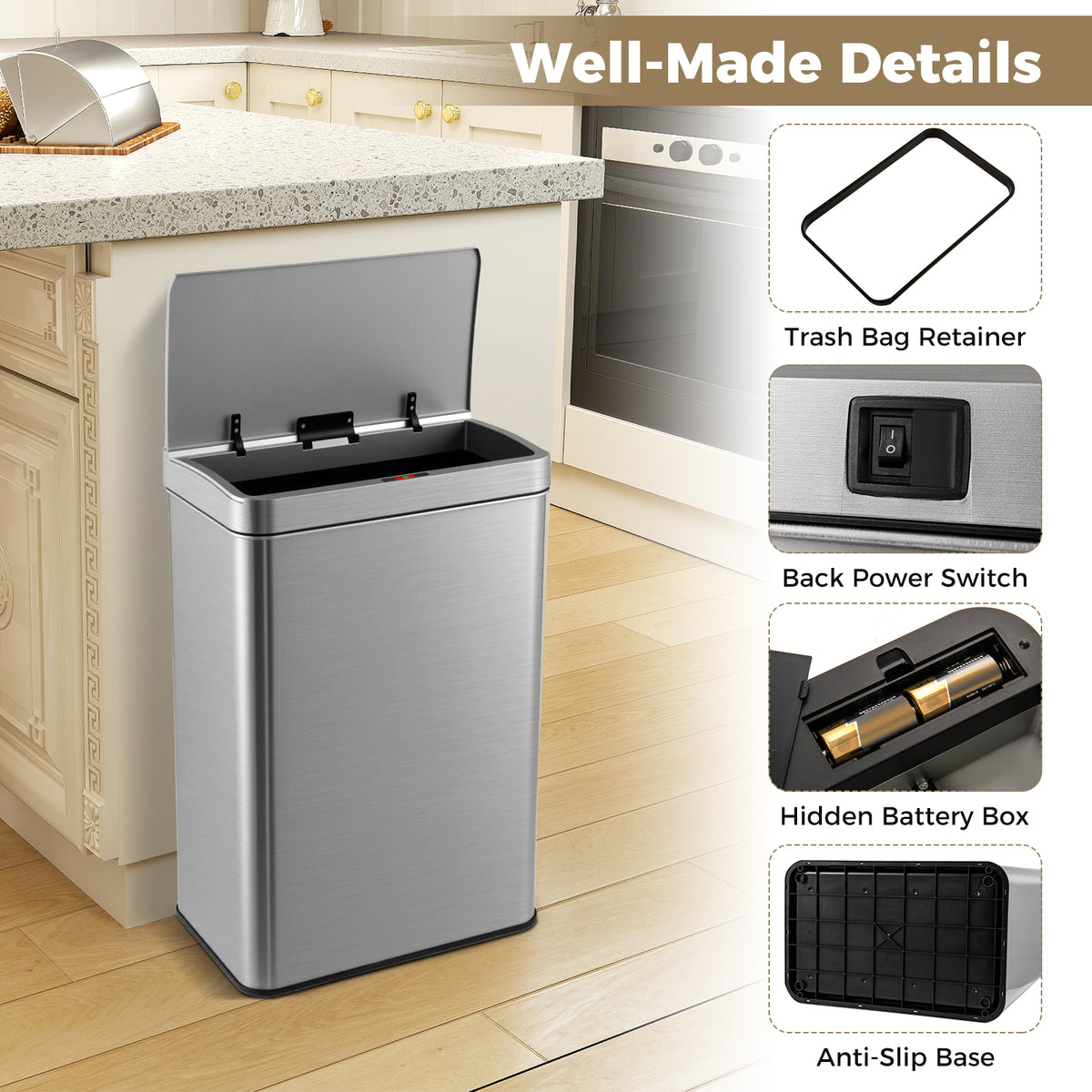 60L Automatic Trash Can with Lid, Motion Sensor Garbage Can with Stay Open & Soft Close Function