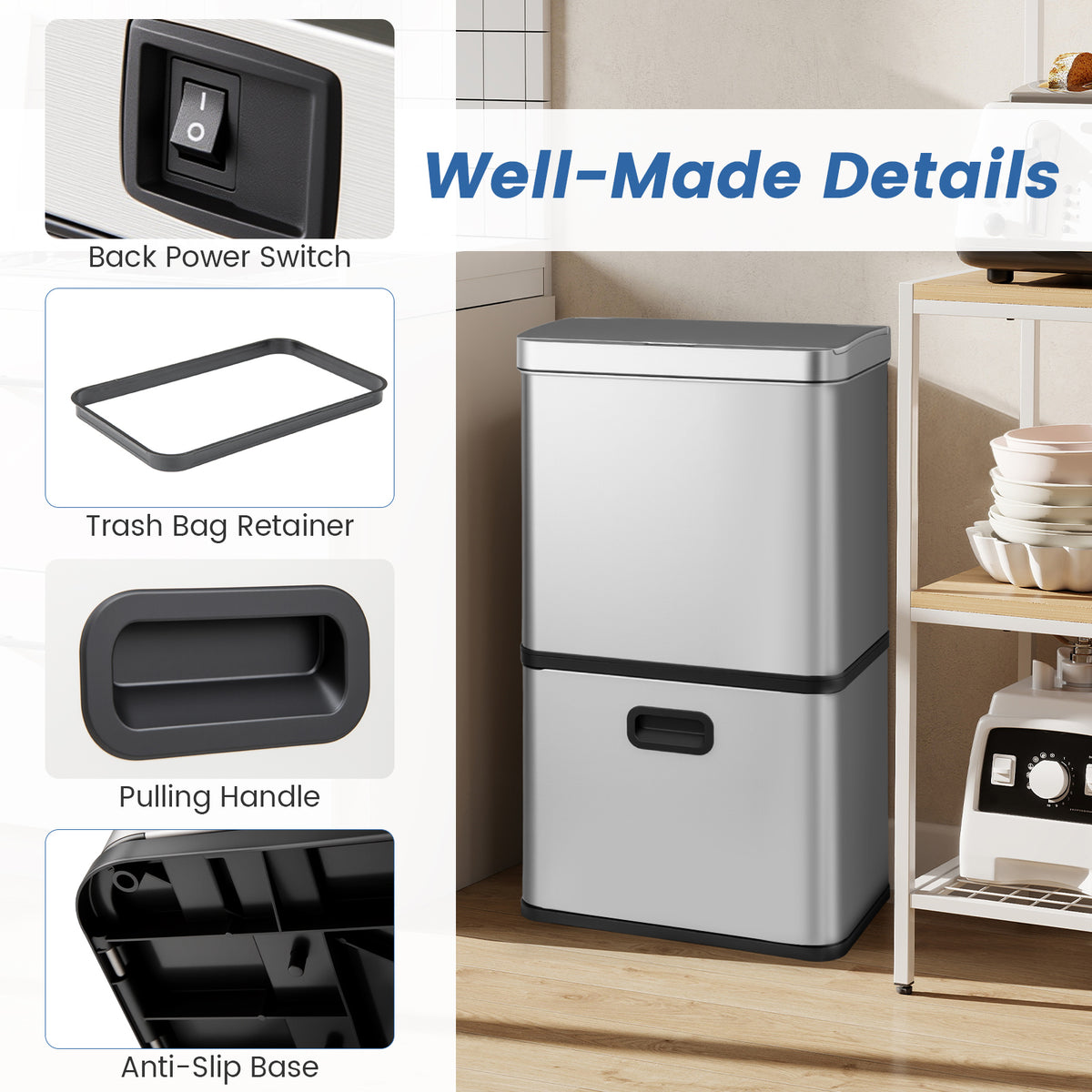 56L Stainless Steel Trash Can, Motion Sensor Garbage Can with 2 Removable Waste Bins