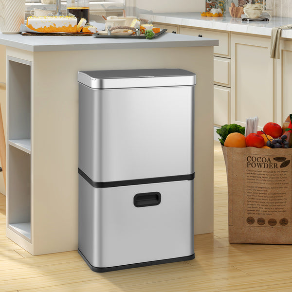 56L Stainless Steel Trash Can, Motion Sensor Garbage Can with 2 Removable Waste Bins