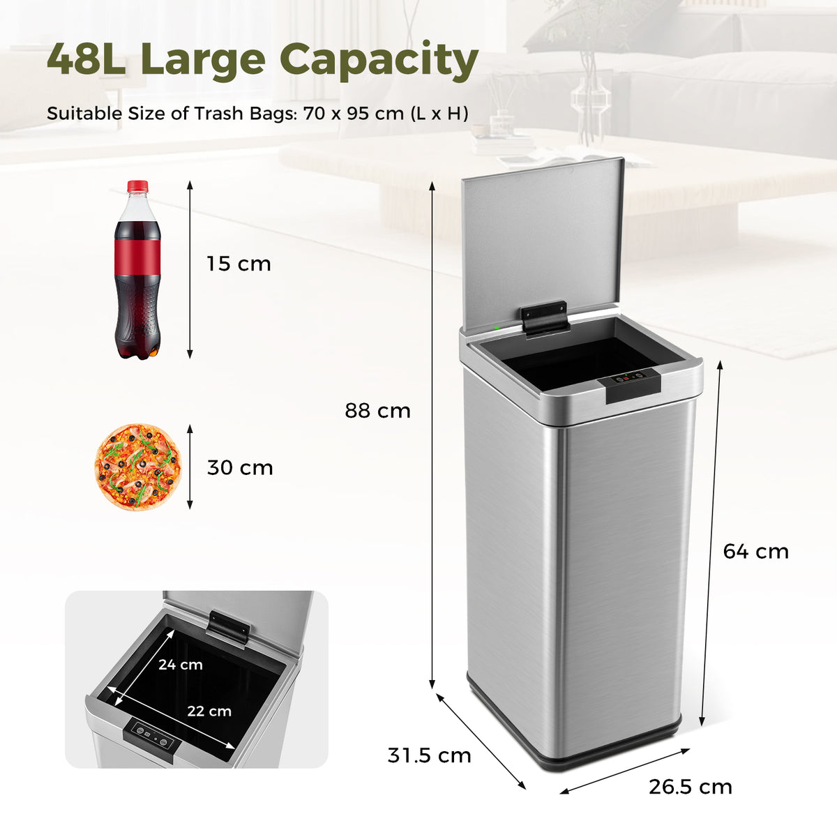 48L Automatic Trash Can with Lid, Motion Sensor Garbage Can with Stay Open & Soft Close Function