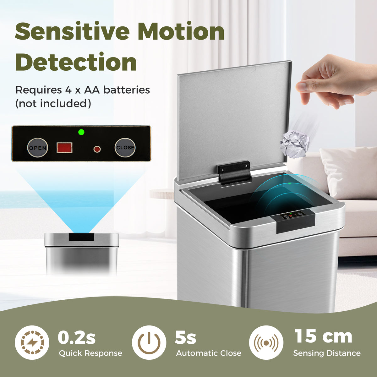 48L Automatic Trash Can with Lid, Motion Sensor Garbage Can with Stay Open & Soft Close Function