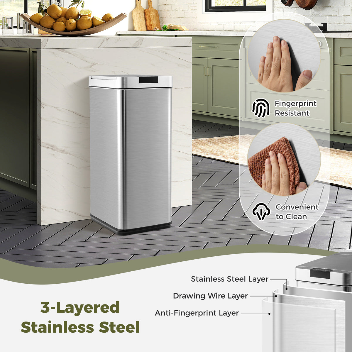 48L Automatic Trash Can with Lid, Motion Sensor Garbage Can with Stay Open & Soft Close Function