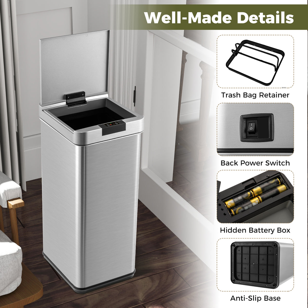 48L Automatic Trash Can with Lid, Motion Sensor Garbage Can with Stay Open & Soft Close Function