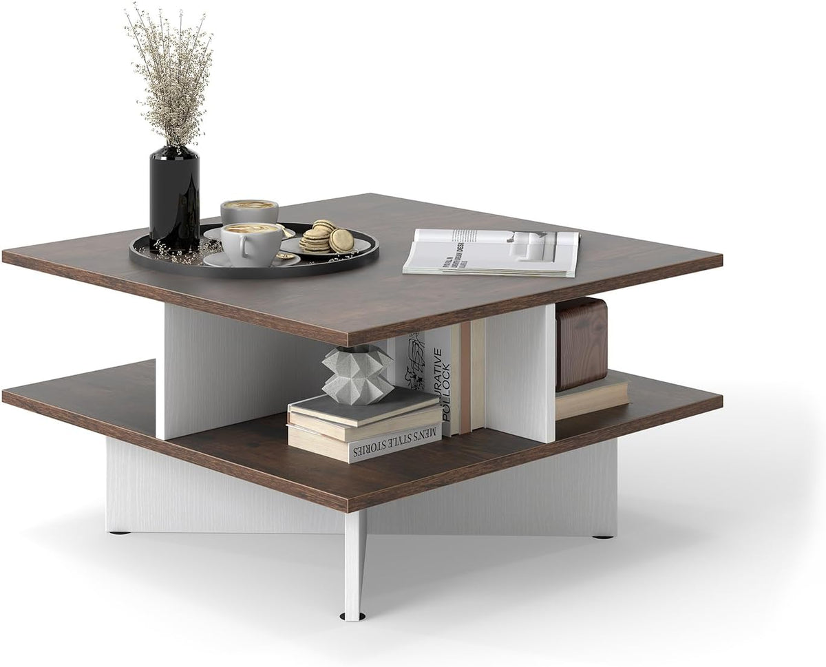 2-Tier Square Coffee Table, Living Room Center Table with 4 Storage Compartments