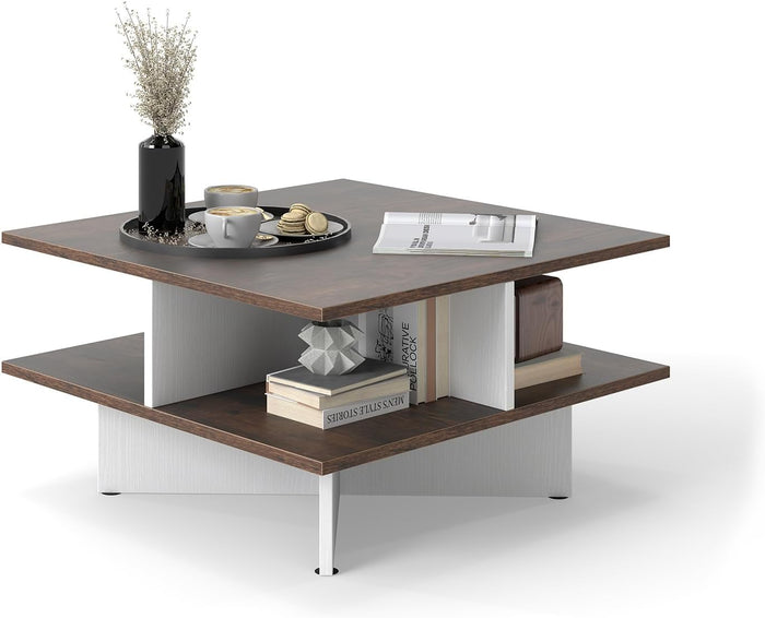 2-Tier Square Coffee Table, Living Room Center Table with 4 Storage Compartments