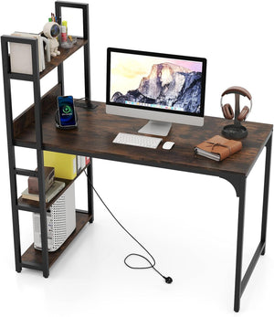 Computer Desk with Power Strip, 120 CM Study Writing Desk with Bookshelf, AC Outlets, USB Port