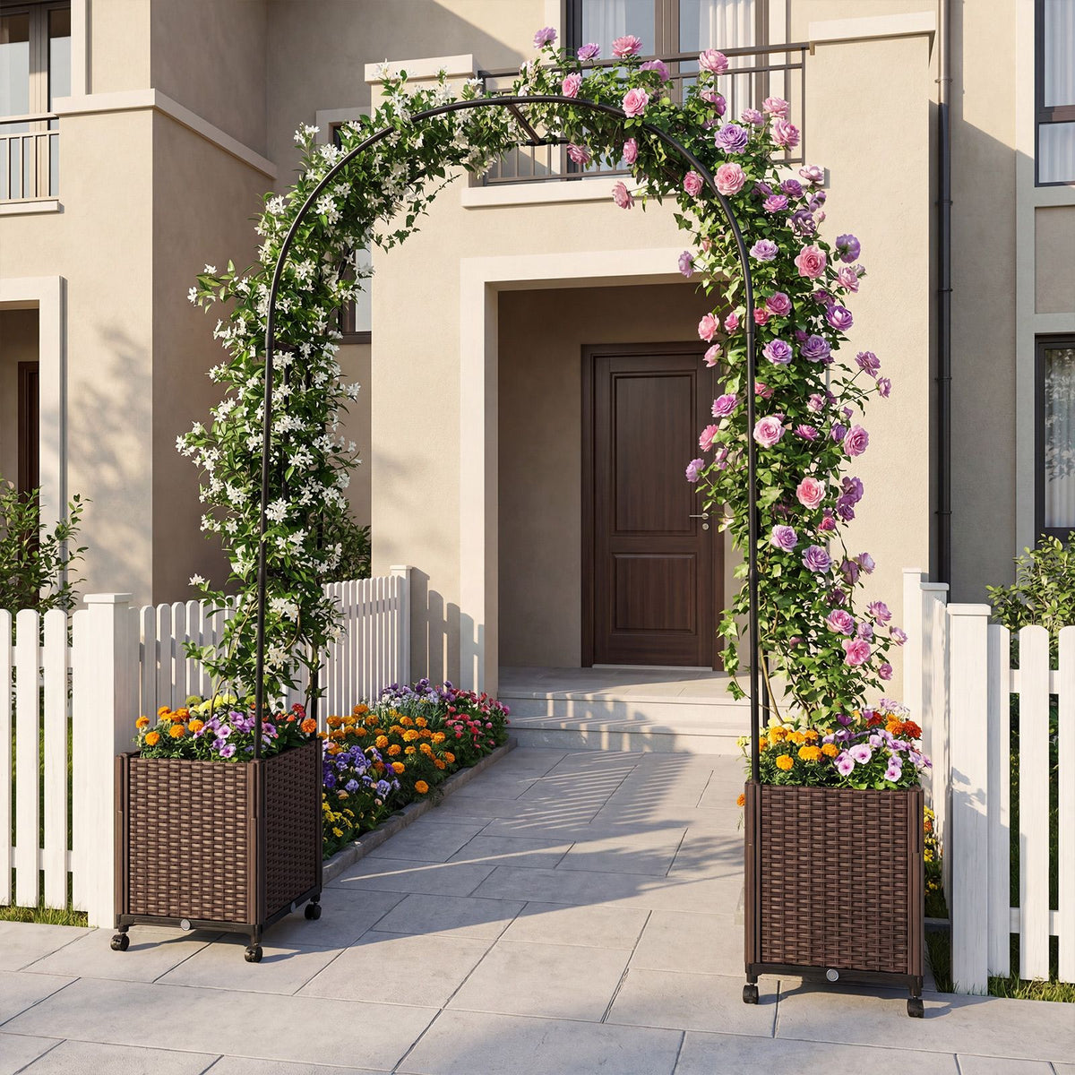 Garden Arch Trellis with 2 Self-watering Planter Boxes for Climbing Plants Vines