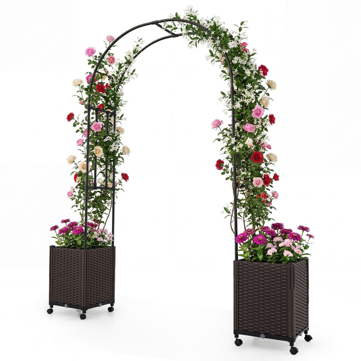 Garden Arch Trellis with 2 Self-watering Planter Boxes for Climbing Plants Vines