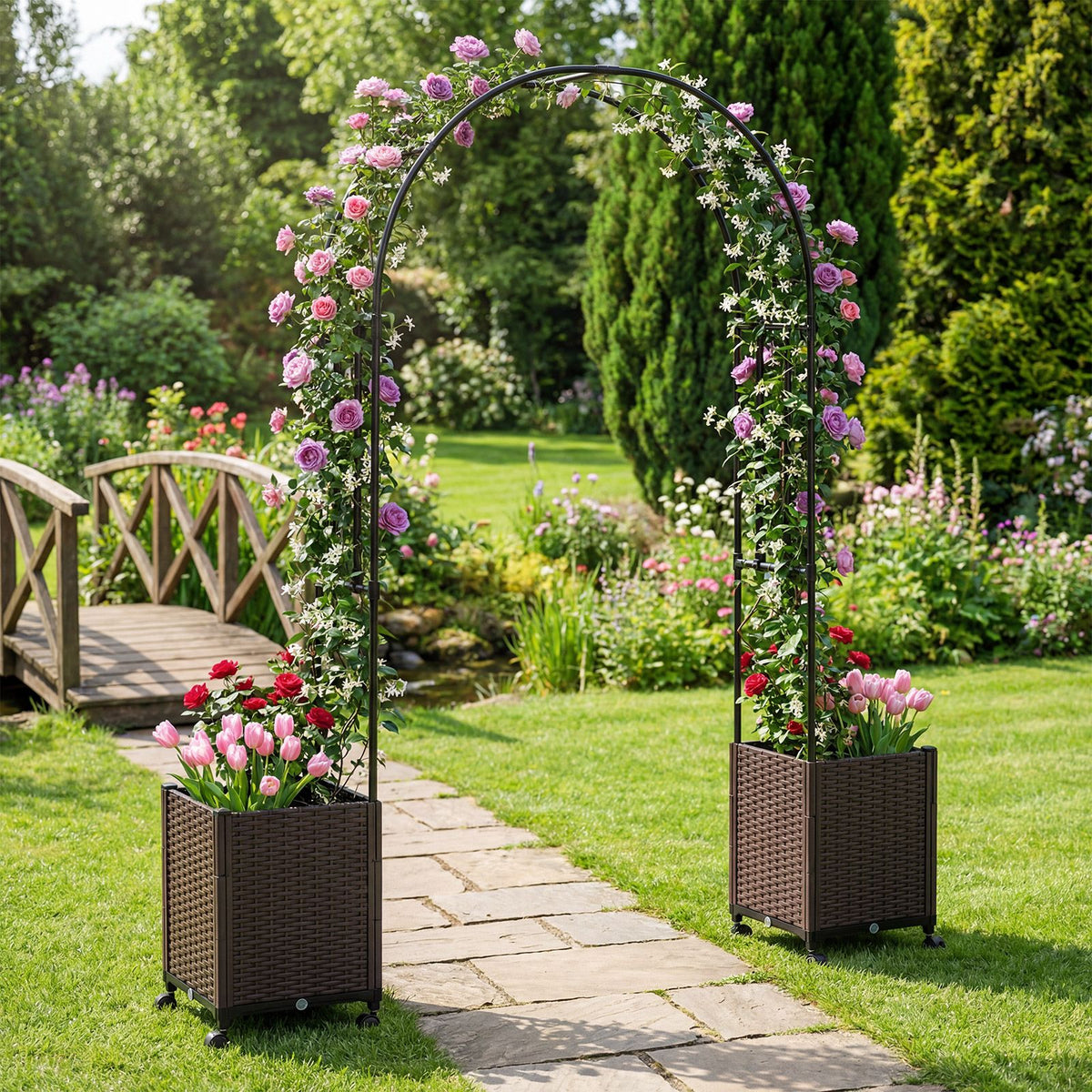 Garden Arch Trellis with 2 Self-watering Planter Boxes for Climbing Plants Vines