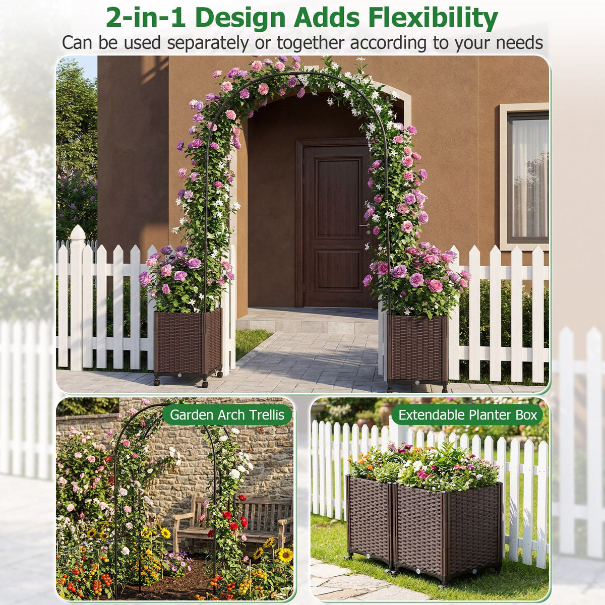 Garden Arch Trellis with 2 Self-watering Planter Boxes for Climbing Plants Vines