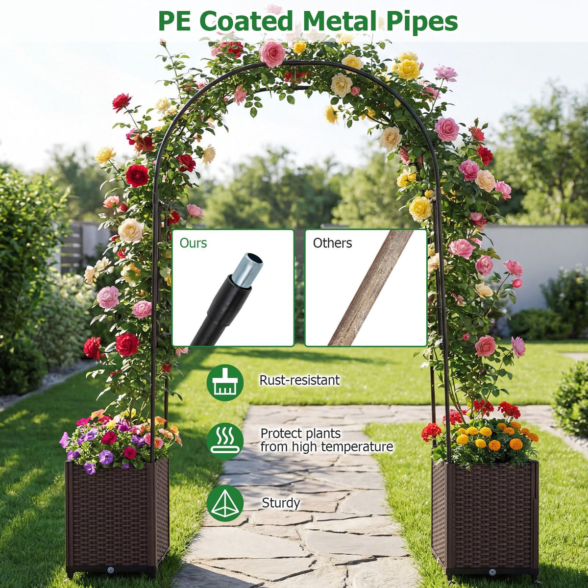 Garden Arch Trellis with 2 Self-watering Planter Boxes for Climbing Plants Vines