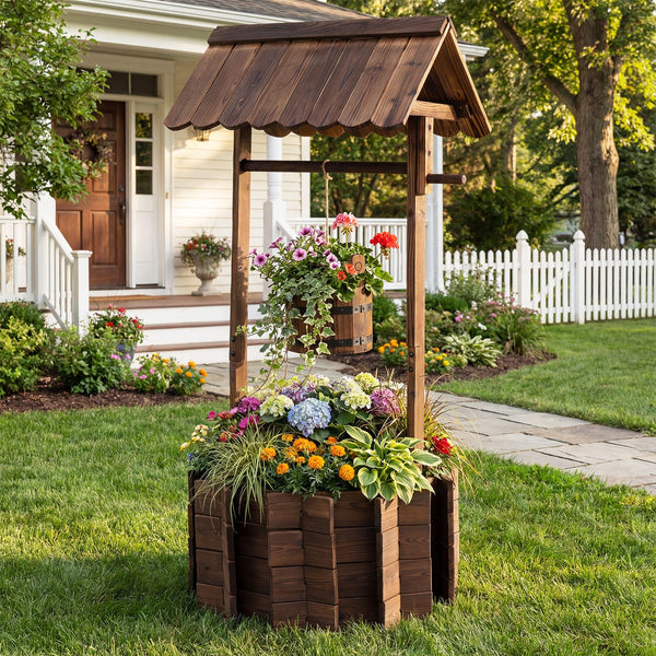 Garden Wooden Wishing Well Bucket with Hanging Bucket Planter