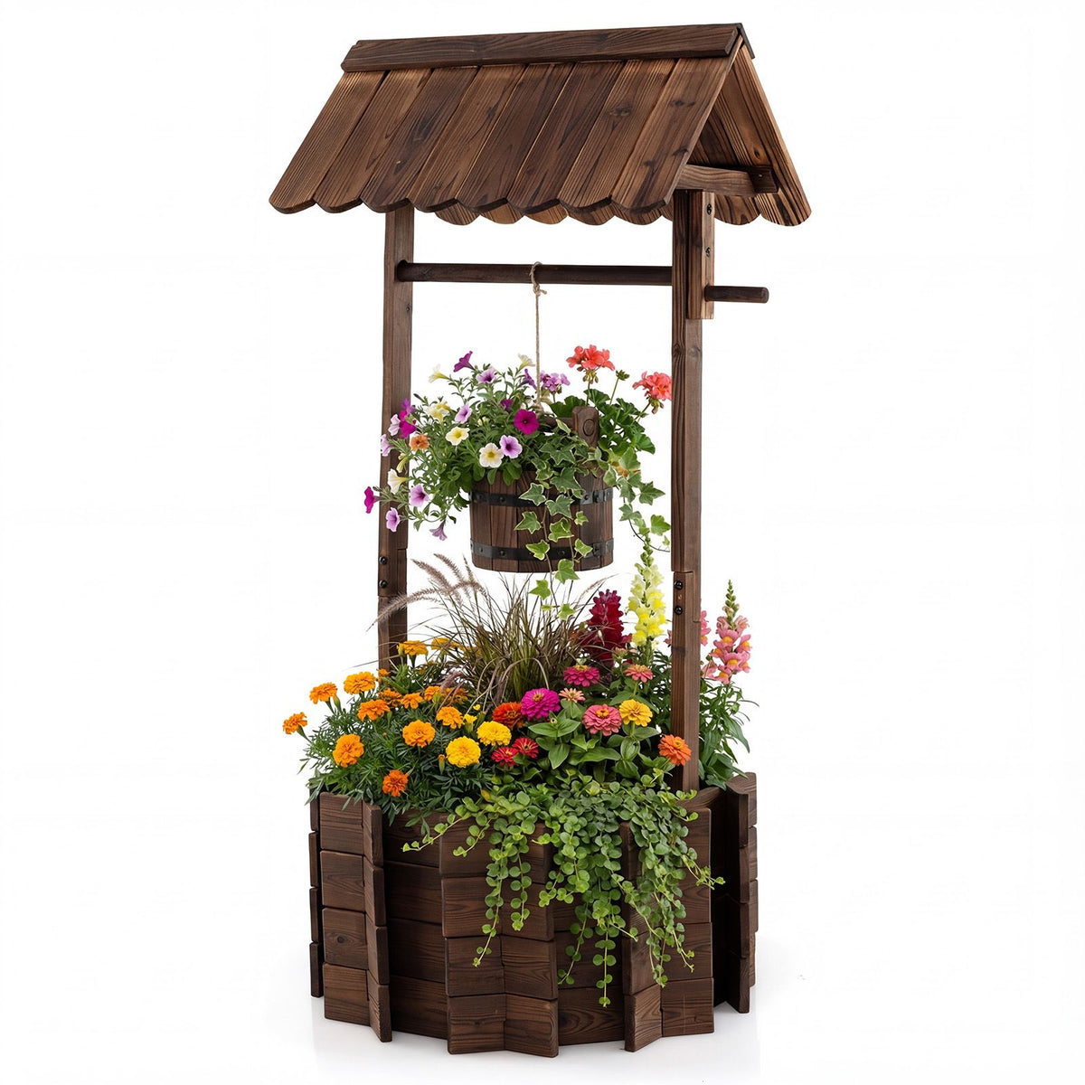 Garden Wooden Wishing Well Bucket with Hanging Bucket Planter