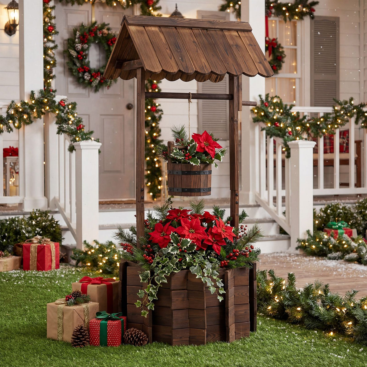 Garden Wooden Wishing Well Bucket with Hanging Bucket Planter