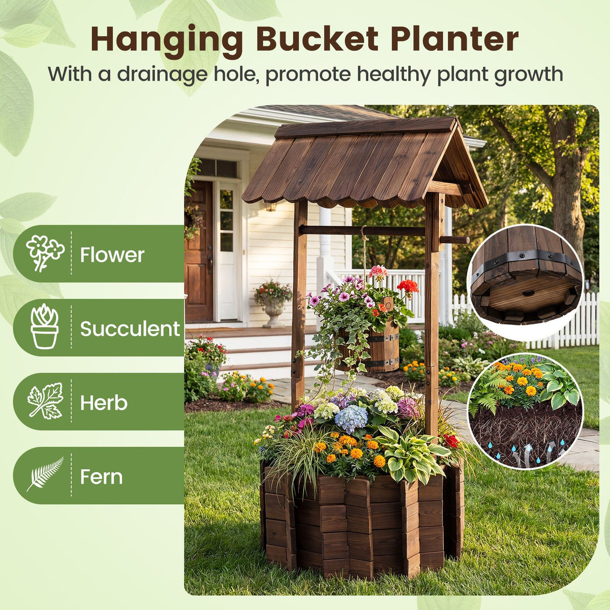 Garden Wooden Wishing Well Bucket with Hanging Bucket Planter