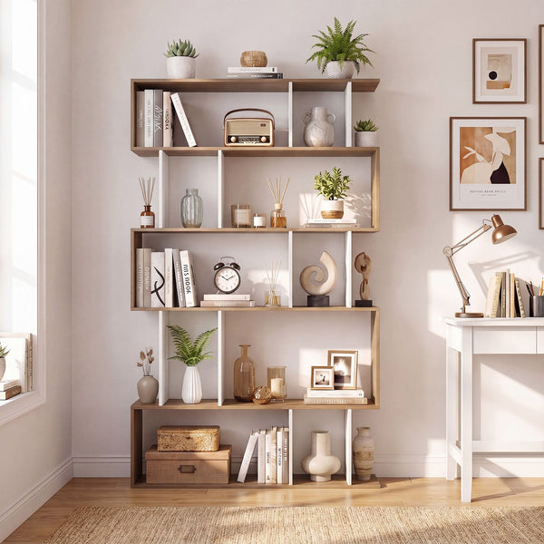 5-Tier Geometric Display Rack with Open Shelves and Closed Cubes for home