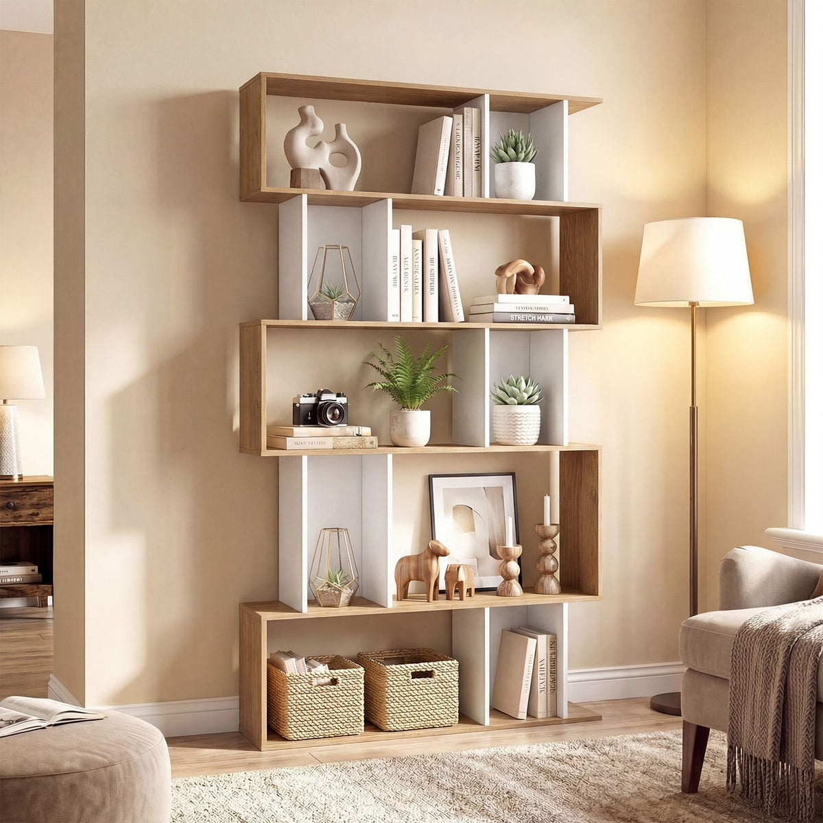 5-Tier Geometric Display Rack with Open Shelves and Closed Cubes for home
